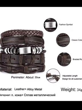 Men's Bracelets Leather 5pc Layered Brown Braided New g1